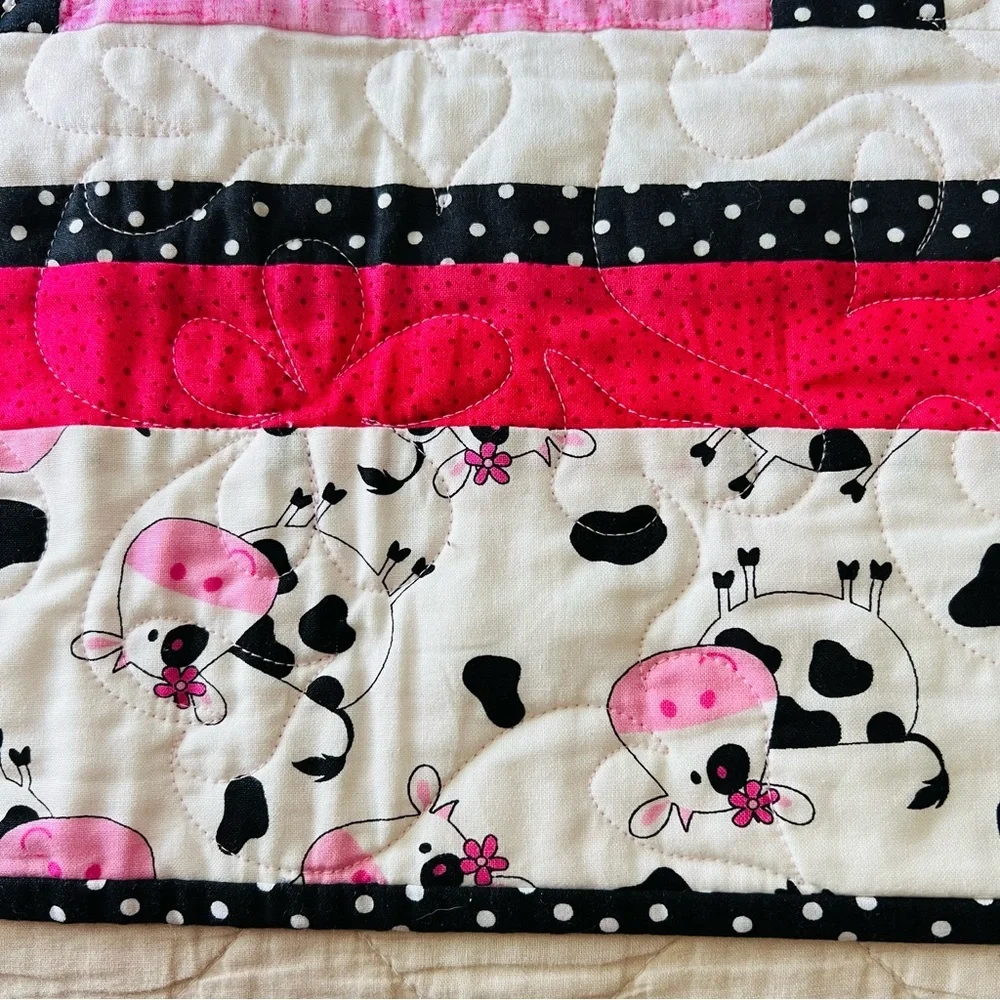 Happy Cows Handmade Quilt 46x62 Pink Black White Cotton Patchwork 🐮💗
